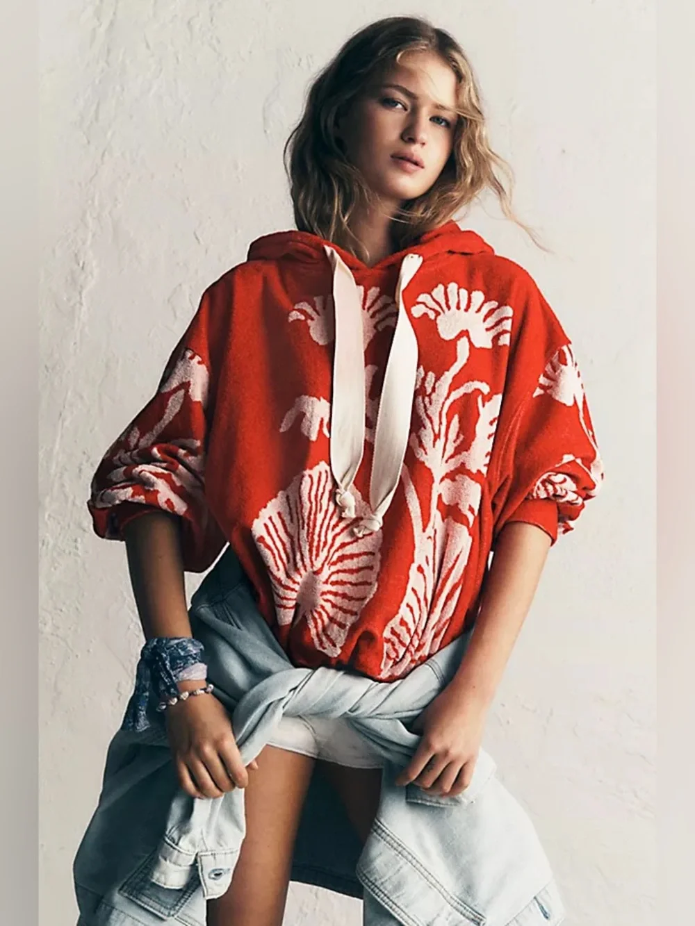 Free People Shell Baby Hoodie Medium Red Terry Cloth